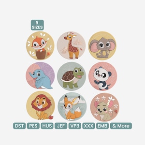 May include: Nine circular designs featuring cartoon animals, including a fox, giraffe, panda, and lion. Each design is on a pastel background. The text "9 SIZES" is at the top left, and embroidery file formats are listed at the bottom.