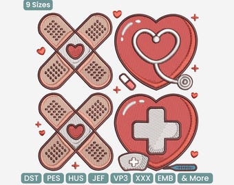 May include: An embroidered design featuring medical symbols. Includes two sets of crossed bandages with heart centers, two red hearts with medical tools, small hearts, and a pill. The text "9 Sizes" is at the top.