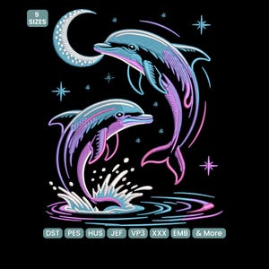 May include: An embroidered design featuring two dolphins leaping in water under a crescent moon and stars. The dolphins are in shades of blue, purple, and pink, with white accents. The design is set against a black background. The text "9 Sizes" is in the upper left corner.