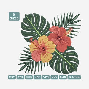Op de afbeelding: Geborduurd bloemmotief met hibiscusbloemen in rood, geel en roze, omringd door groene monstera bladeren en palmbladeren. Inclusief de tekst "9 MATEN" en diverse borduurformaatbestanden.