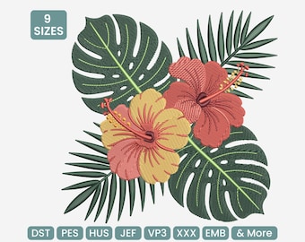 Diseño de bordado de hojas de hibisco tropical: archivo de bordado a máquina floral de verano, DST, PES, JEF y más, 9 tamaños