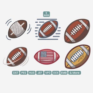 Op de afbeelding: Zes illustraties van American footballs in verschillende ontwerpen. De voetballen zijn bruin, rood en geel, met witte veters. Eén voetbal heeft de Amerikaanse vlag. De afbeelding bevat de tekst "9 SIZES" en bestandstype-afkortingen.