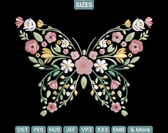 Motif de broderie Machine papillon floral, motif de broderie ailes en fleurs PES, broderie nature bohème, point Cottagecore DST, 9 tailles