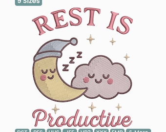Diseño de bordado "El descanso es productivo": Luna y nube, patrón de bordado a máquina con cita sobre el autocuidado – JEF EXP HUS, 9 tamaños