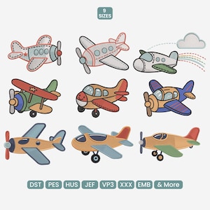 May include: Nine colorful cartoon airplane designs with propellers, in various colors like red, blue, green, and yellow. The image includes the text "9 SIZES" and file type abbreviations like DST, PES, and EMB.