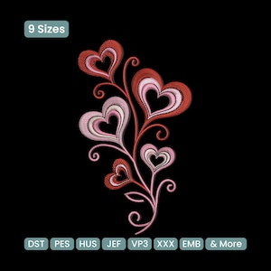 May include: An embroidered design featuring a stylized floral arrangement of hearts in shades of red, pink, and white on a black background. The design includes the text "9 Sizes" and file type abbreviations.