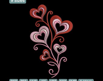 May include: An embroidered design featuring a stylized floral arrangement of hearts in shades of red, pink, and white on a black background. The design includes the text "9 Sizes" and file type abbreviations.