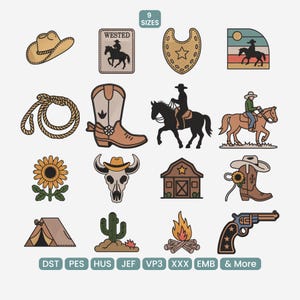 Cowboy Western broderipaket, hatt, stövlar, lasso, ryttare, lada, dödskalle, kaktus, lägereld, broderidesignset, PES VP3 HUS, 9 storlekar