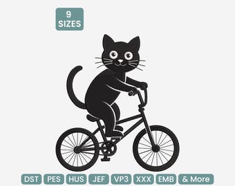 Black Cat Bicycle Biking Embroidery Design – Cute Cycling Pet Machine Embroidery File, 9 Sizes Included, PES, DST
