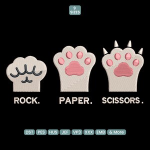 Broderidesign med sten, sax, papper, tassar, söt katt, hund, spel, broderilapp – DST PES JEF, 9 storlekar