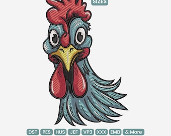 May include: An embroidered design of a cartoon rooster's head, featuring a red comb and wattle, a yellow beak, and large, expressive eyes. The rooster's feathers are blue. The image includes the text "9 Sizes" and file type abbreviations.
