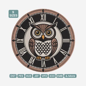 May include: Embroidered patch featuring an owl design within a clock face. The owl is brown and beige, with yellow eyes, set against a black background with Roman numerals. The patch is round, with the text "9 SIZES" and various file type abbreviations.
