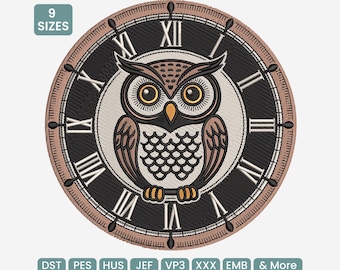 Vintage Clock Owl Machine Embroidery Design, Owl Embroidery Pattern DST, Timeless Bird Embroidery, Antique Decor Stitch PES, 9 Sizes