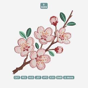 以下が含まれることがあります： 茶色の枝にピンク色の桜の花が咲く刺繍デザイン。緑の葉が添えられています。「9 サイズ」の文字とファイルタイプの略語が含まれています。刺繍プロジェクトに最適です。