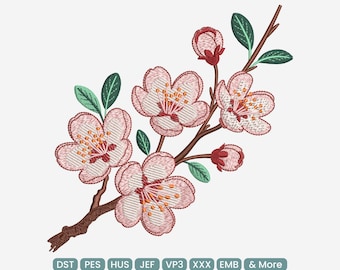 Cherry Blossom Floral Branch Embroidery Design, Sakura Spring Flower Machine Embroidery File – DST PES JEF, 9 Sizes