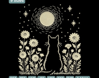 花柄の猫と月の刺繍デザイン、天体と野花のミシン刺繍パターン、ボヘミアン風猫の刺繍ファイル、9サイズ入り