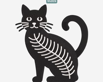 Skeleton Cat Machine Embroidery Design, Halloween Cat Embroidery Pattern DST, Spooky Pet Embroidery, Gothic Kitty Art PES, 9 Sizes Included