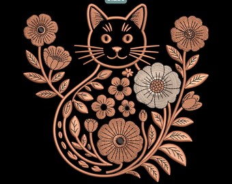 Boho Cat Floral Machine Embroidery Design, Whimsical Pet Pattern DST, Cottagecore Cat Embroidery PES, 9 Sizes Included