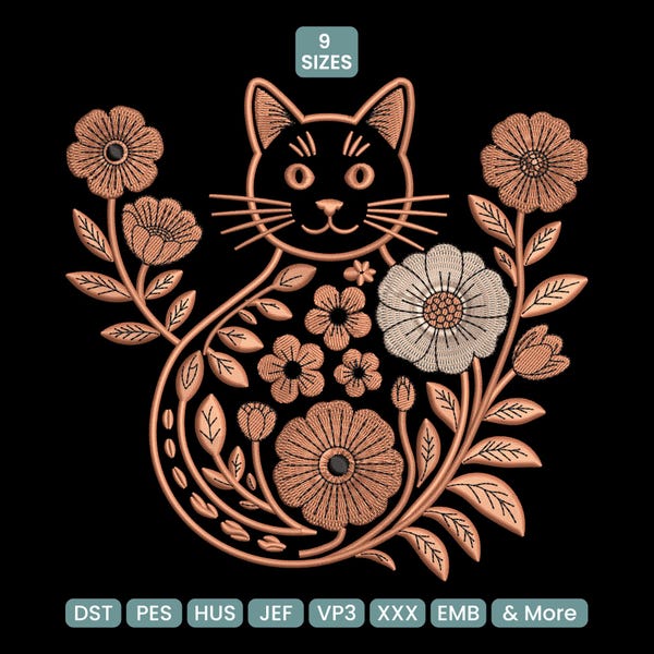 Boho Cat Floral Machine Embroidery Design, Whimsical Pet Pattern DST, Cottagecore Cat Embroidery PES, 9 Sizes Included