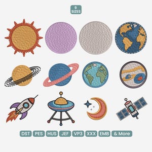 Può includere: Una collezione di toppe ricamate a tema spaziale, tra cui un sole, pianeti, la Terra, un razzo, un UFO, una luna crescente e un satellite. Le toppe sono in vari colori e dimensioni, con il testo "9 SIZES" in alto.