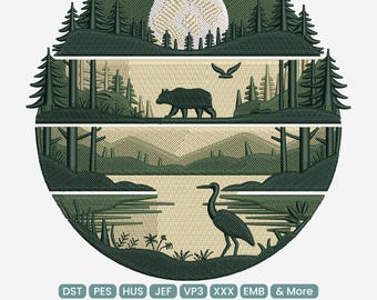Wildlife Forest Scene Embroidery Design, Landscape Bear Mountains Machine Embroidery Patch – JEF DST PES, 9 Sizes