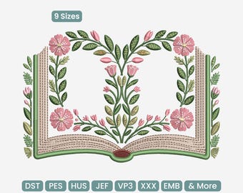 Motif de broderie de pages florales à livre ouvert, lecture des feuilles fichier Machine à broder en forme de coeur - DST JEF PES, 9 tailles