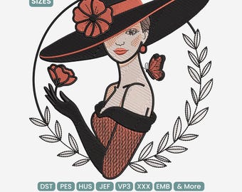 Vintage Lady Hat Embroidery Design, Elegant Woman Portrait Pattern, Retro Fashion Machine Embroidery VP3 EXP JEF, 9 Sizes
