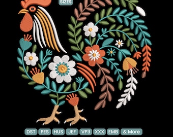 Folk Rooster Embroidery Design, Rustic Farmhouse Stitch Art, Floral Animal Embroidery Pattern PES DST, 9 Sizes