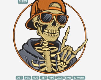 Diseño de bordado de esqueleto genial, archivo para máquina de bordar calavera estilo retro, arte de puntada de estilo urbano vintage DST JEF VP3, 9 tamaños