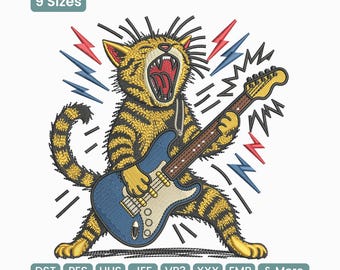 May include: An embroidery design featuring a yellow and black striped cat with spiky fur, mouth open, playing a blue electric guitar. Red and blue lightning bolts surround the cat. Text includes 9 Sizes, DST, PES, HUS, JEF, VP3, XXX, EMB & More.