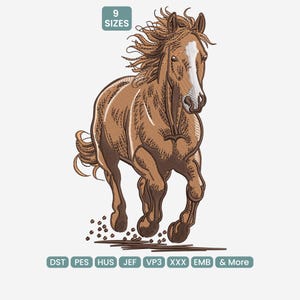 May include: A brown horse in full gallop, embroidered with detailed shading. The horse has a white blaze and flowing mane. The image includes the text "9 SIZES" and file type abbreviations. The horse is kicking up dirt as it runs.