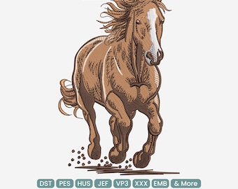 Running Horse Embroidery Design, Realistic Horse Pattern, Farm Animal Machine Embroidery Patch DST EXP PES, 9 Sizes