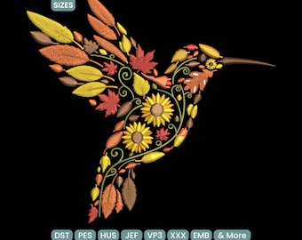 May include: An embroidered hummingbird design, composed of autumn leaves and sunflowers in shades of yellow, orange, and brown, set against a black background. The design includes the text "9 SIZES" and file type abbreviations.