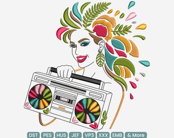 Diseño de bordado colorido de chica musical retro, archivo de bordado a máquina para radiocasete bohemio de los 80 (DST PES JEF, 9 tamaños)
