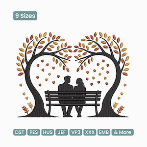 May include: An embroidered design featuring a couple sitting on a park bench under heart-shaped trees with autumn leaves. The design includes the text "9 Sizes" and various embroidery file formats.