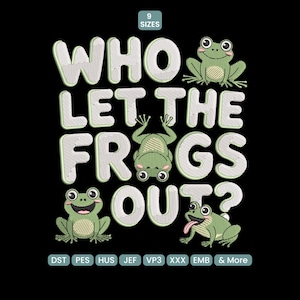 May include: Black background with the text "WHO LET THE FROGS OUT?" in white, outlined in green. The image includes cartoon frogs in green, with the text "9 SIZES" at the top. The bottom of the image has file type abbreviations.
