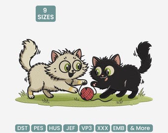 Disegno da ricamo di un gatto che gioca, file per macchina da ricamo di un gatto nero in 9 dimensioni, ricamo di animali PES, DST e altro ancora
