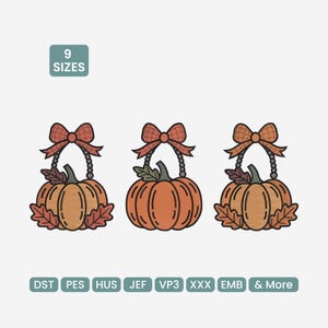May include: Three orange pumpkin designs with brown stems, leaves, and bows. Each pumpkin has a decorative bow at the top and is surrounded by fall leaves. The image includes the text "9 SIZES" and embroidery file formats.