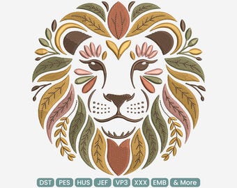 Diseño de bordado bohemio de león dorado, parche bordado a máquina con diseño de mandala de animales salvajes – DST PES JEF, 9 tamaños