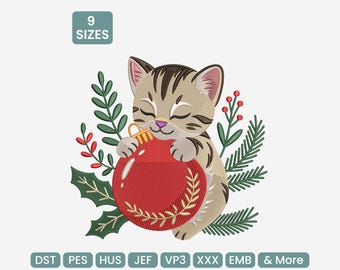Cute Cat Embroidery Design, Christmas Animal Embroidery Machine File, 9 Sizes, DST, PES & More
