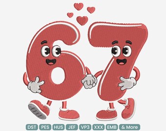 May include: Red embroidered design featuring the numbers 67 as cartoon characters holding hands, with hearts floating above. The numbers have eyes, mouths, arms, legs, and shoes. The image includes the text "9 SIZES" and embroidery file formats.