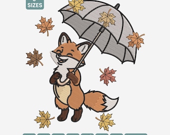 Renard automne avec motif de broderie parapluie, motif de broderie renard automne DST, broderie Machine saison des pluies, art boisé confortable PES, 9 tailles