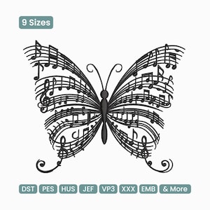 Puede incluir: Diseño de mariposa negra compuesto por notas y símbolos musicales. Las alas están formadas por pentagramas musicales llenos de notas. La imagen incluye el texto "9 Tamaños" y abreviaturas de tipos de archivo.
