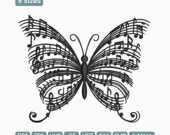 May include: Black butterfly design composed of musical notes and symbols. The wings are formed by musical staffs filled with notes. The image includes the text "9 Sizes" and file type abbreviations.