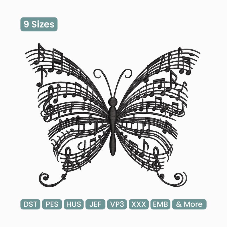 Musical Notes Butterfly Embroidery Design, Music Theme Artistic Wing ...