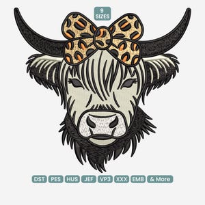 Highland Cow With Bow Embroidery Design, Floral Farm Animal Stitch Art, Rustic Country Cattle Machine Pattern PES VP3 HUS, 9 Sizes