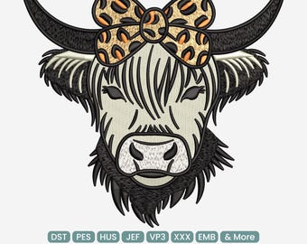 May include: An embroidered design of a Highland cow's head, featuring a cream-colored face, black fur, and large curved horns. The cow wears a leopard print bow. The text "9 SIZES" is above the cow. Below are file type abbreviations.