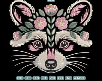 Floral Raccoon Machine Embroidery Design, Woodland Animal Pattern DST, Cute Forest Embroidery PES, 9 Sizes Included