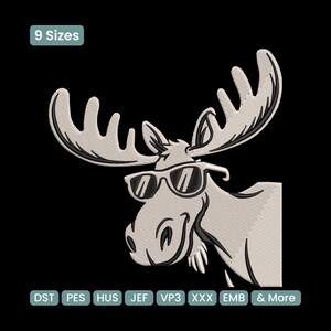 May include: Embroidered design of a moose wearing sunglasses, with large antlers and a smiling expression. The image is in shades of beige and black, with the text "9 Sizes" and file type abbreviations.