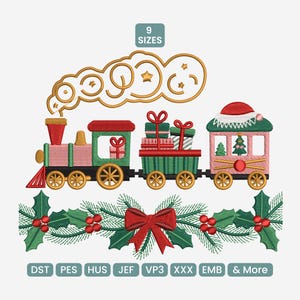Jultågbroderidesign, högtidslokomotivmönster DST, festligt vintermaskinbroderi PES, 9 storlekar ingår